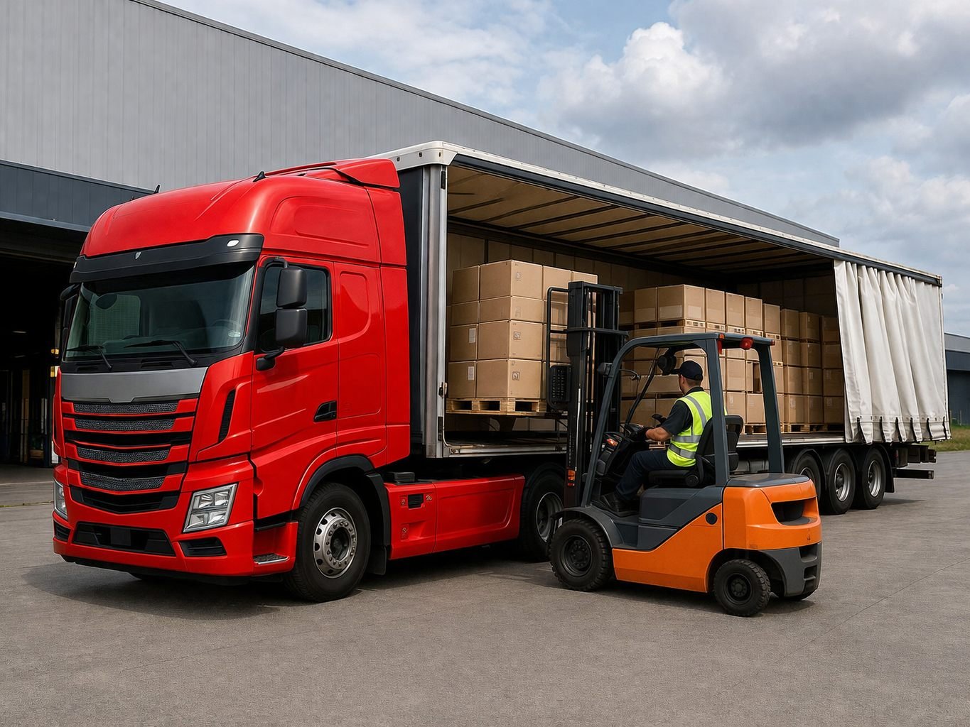 A red truck with its side curtains open being loaded by a fork truck