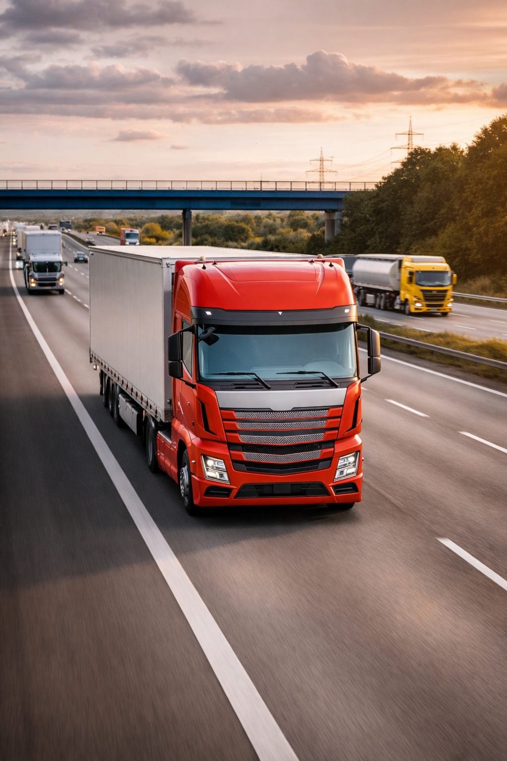 A red truck heading down the motorway