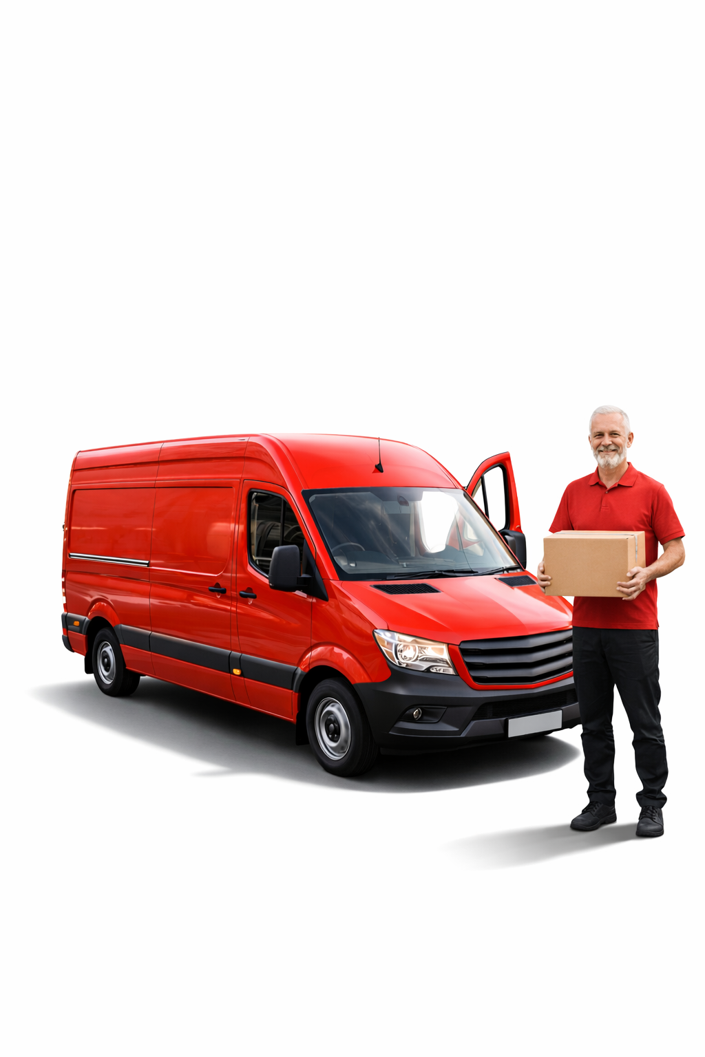 Deep red van with a delivery man standing next to the van holding a parcel