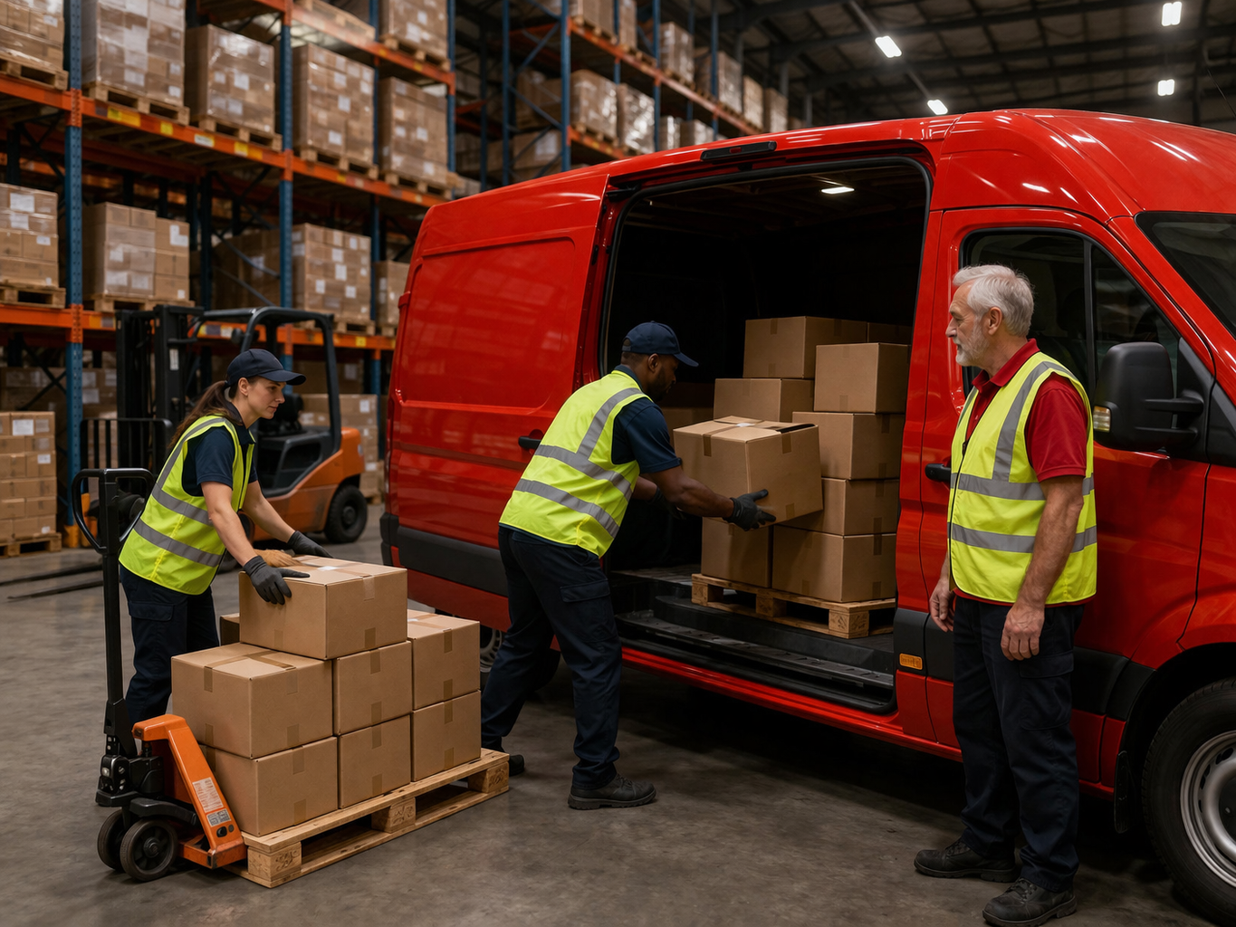 Workforce working in the distribution centre. Vehicle being loaded