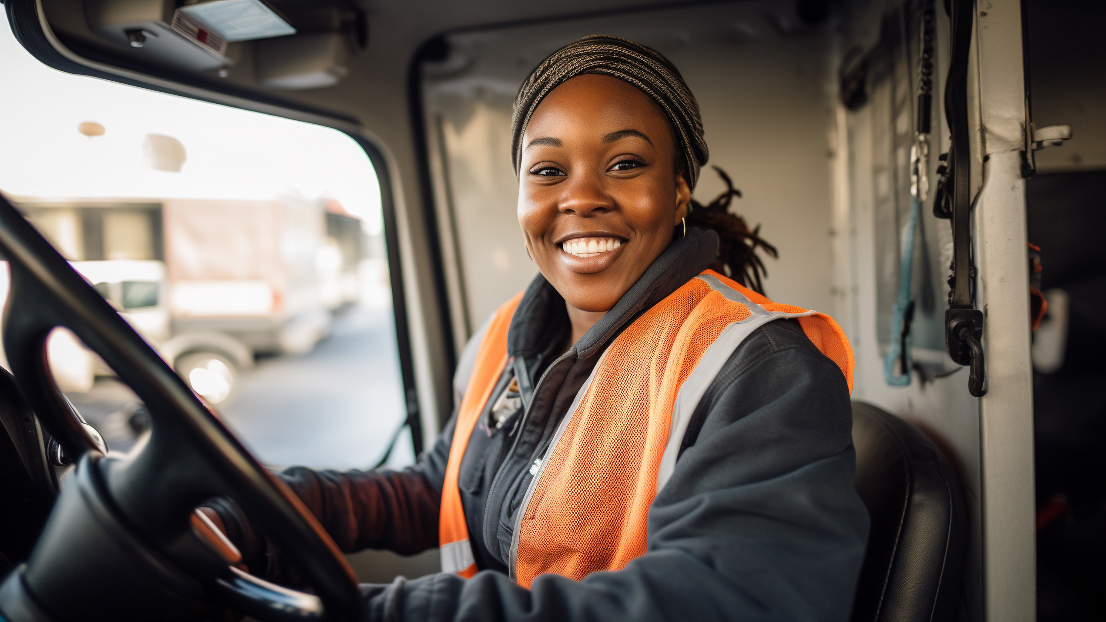 A woman smiling in her truck cab