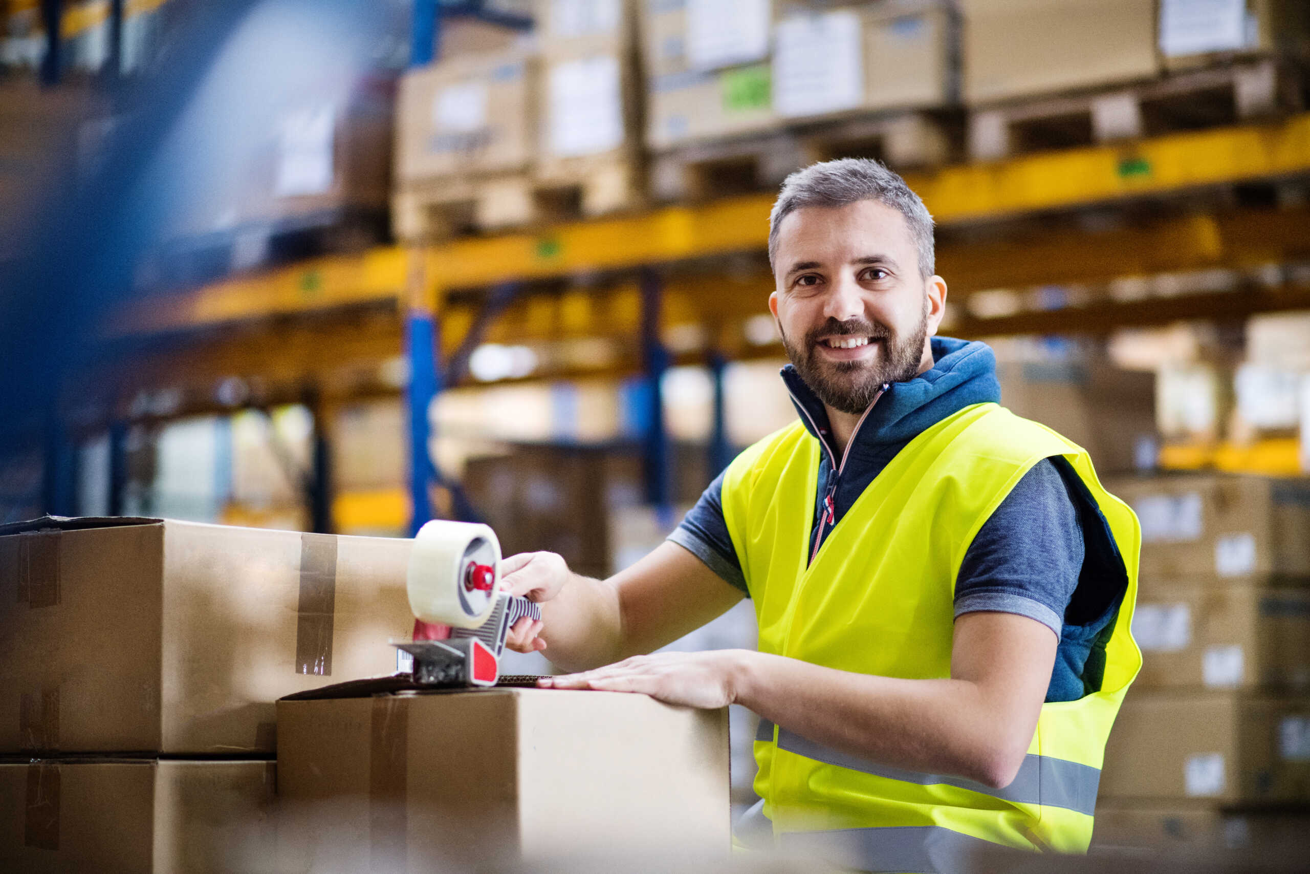 A warehouse worker smiling whilst taping up a box in the warehouse facility